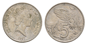 Новая Зеландия 5 центов 1997 Елизавета II (1952-2022), ящерица гаттерия KM 60 медно-никель 4594-1061