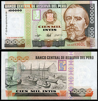 Перу 100000 инти 1989 Франсиско Болоньези, озеро Титикака Pick 145  бумага  UNC (пресс) 7202-5-3