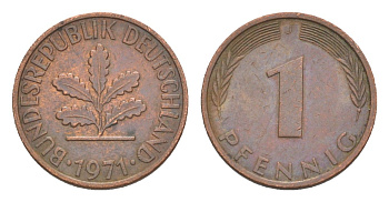 ФРГ 1 пфенниг 1971 J KM 105, J. 380 сталь плакированная медью 4647-969