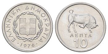 Греция 10 лепт 1976 бык KM 113 алюминий UNC 4682-1023