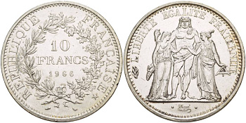 Франция 10 франков 1966 Геракл с богинями равенства и братства KM 932 серебро 4527-1221