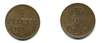 Ганновер 1 пфенниг 1846 B, Эрнст Август (1837-1851) KM 201.1, AKS 129, J. 74 медь 35-843