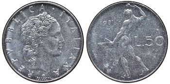 Италия 50 лир 1981 R, бог Вулкан у наковальни KM 95.1 нержавеющая сталь 4142-1155