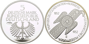 ФРГ медаль 2006 копия, 5 марок 1952, 100 лет Германскому национальному музею в Нюрнберге  серебро  PROOF  1098-4-22
