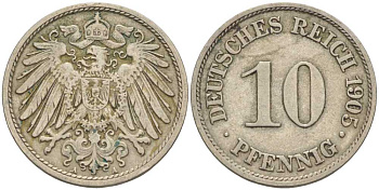 Германия 10 пфеннигов 1905 A KM 12, J. 13 медно-никель 34-724