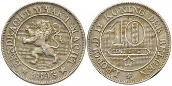 БЕЛЬГИЯ 10 САНТИМОВ 1895 BELGEN KM 43 медно-никель 4448-745