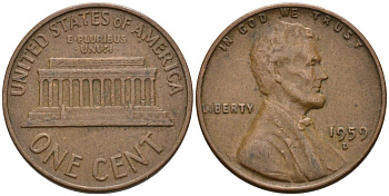 США 1 цент 1959 D, Авраам Линкольн KM 201 медь цинк 4564-325