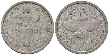 Французская Новая Каледония 1 франк 1981 птица кагу, (IEOM) KM 10, Schoen 10, Lec 44 алюминий    51-1247