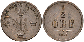 Швеция 1/2 эре 1857 Оскар I (1844-1859), отслойка на аверсе KM 686 бронза 188-1218