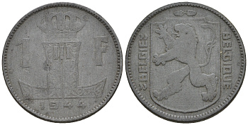 Бельгия 1 франк 1944 Belgie - Belgique, немецкая оккупация KM 128 цинк 259-1034