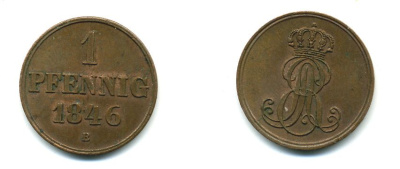 Ганновер 1 пфенниг 1846 B, Эрнст Август (1837-1851) KM 201.1, AKS 129, J. 74 медь 35-843