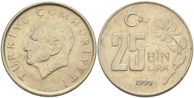 Турция 25000 лир 1999 Кемаль Ататюрк KM 1041 медь цинк никель 4595-537