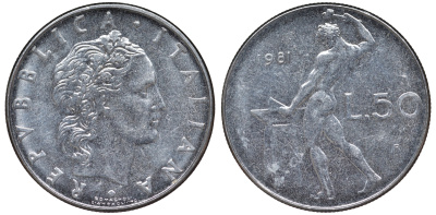 Италия 50 лир 1981 R, бог Вулкан у наковальни KM 95.1 нержавеющая сталь 4142-1155