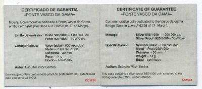 Португалия 500 эскудо 1998 мост Васко да Гама, оригинальная коробка, сертификат KM 750 серебро PROOF 3-4-10-7