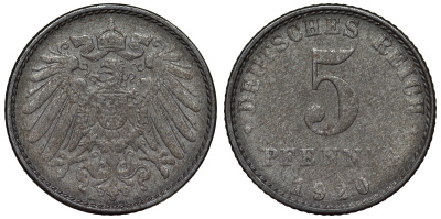 Германия 5 пфеннигов 1920 A KM 19, J. 297, Weege 5 железо 4118-1111