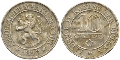 БЕЛЬГИЯ 10 САНТИМОВ 1895 BELGEN KM 43 медно-никель 4448-745