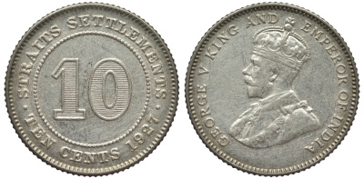 Стрейтс-Сетлментс 10 центов 1927 Георг V (1910-1936) КМ 29b серебро 53-656