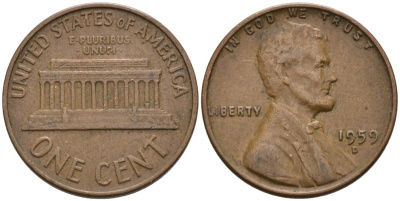 США 1 цент 1959 D, Авраам Линкольн KM 201 медь цинк 4564-325