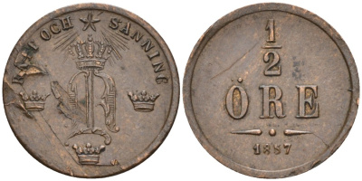 Швеция 1/2 эре 1857 Оскар I (1844-1859), отслойка на аверсе KM 686 бронза 188-1218
