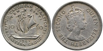 Британские Восточно-Карибские территории 10 центов 1961 Елизавета II (1952-2022), парусник KM 5 медно-никель 4549-512