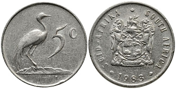 ЮАР 5 центов 1983 герб, райский журавль KM 84 никель 4549-454