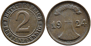 ГЕРМАНИЯ 2 РЕНТЕНПФЕННИГА 1924 G KM 31, J.307 бронза 4387-1136
