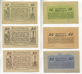 Австрия, Набегг набор из 3 банкнот 1920 до 31 декабря 1920, нотгельд, 10, 20, 50 геллеров, Neustadtl a. Nabegg, Judenhof, Windpassing, Klein Wolfstein   бумага  aUNC  7555-10-2-2