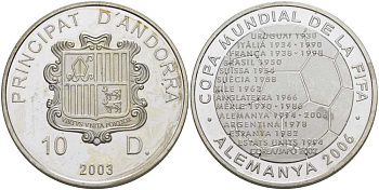 Андорра 10 динеров 2003 чемпионат мира по футболу в Германии 2006 года KM 289 серебро PROOF 02-109-12