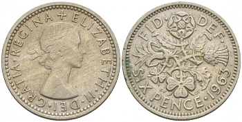 Великобритания 6 пенсов 1963 Елизавета II (1952-2022) KM 903, Spink 4149 медно-никель 4392-627