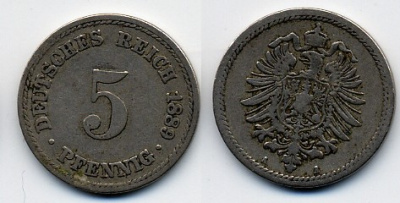 ГЕРМАНИЯ 5 ПФЕННИГОВ 1889 A, СТАРОГЕРБОВКА KM 3, J.3 медно-никель 51-5043