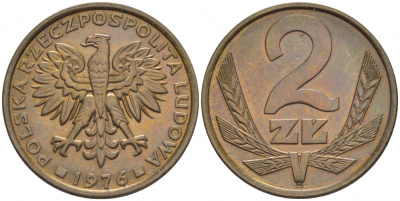 Польша 2 злотых 1976 Ленинградский монетный двор (ЛМД) KM 80.1, Parchimowicz 217b латунь UNC 4516-1245