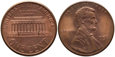 США 1 ЦЕНТ 1996 ЛИНКОЛЬН KM 201b цинк плакированный медью 66-1058