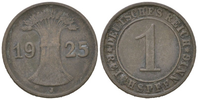 Германия 1 рейхспфенниг 1925 J KM 37 бронза 4617-356