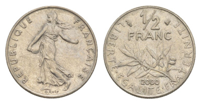 Франция 1/2 франка 2000 сеятель KM 931.1, Le Franc 198.43 никель UNC 4630-423