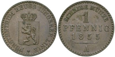 РЕЙС-ШЛАЙЦ 1 ПФЕННИГ 1855 А KM 69 медь 99-934