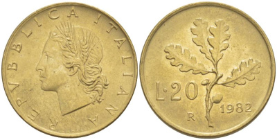 ИТАЛИЯ 20 ЛИР 1982 R, ДУБОВЫЕ ЛИСТЬЯ KM 97.2 алюминиевая бронза 4551-316