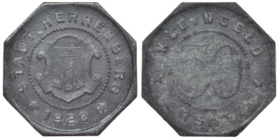Германия, Херренберг 50 пфеннигов 1920 Баден-Вюртемберг, нотгельд Funck 209.5 цинк 4119-1232