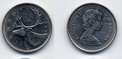 КАНАДА 25 ЦЕНТОВ 1989 ОЛЕНЬ KM 74 никель 54-267