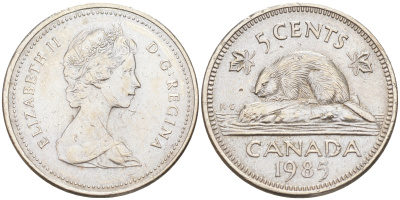 КАНАДА 5 ЦЕНТОВ 1985 БОБЁР KM 60.2a никель 190-454