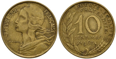 Франция 10 сантимов 1968 KM 929 алюминиевая бронза 4189-924