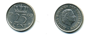 НИДЕРЛАНДЫ 25 ЦЕНТОВ 1960 ЮЛИАНА KM 183 никель 76-367