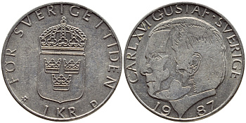 Швеция 1 крона 1987 Карл XVI Густав (1973- ) KM 852a медно-никель 4397-1214