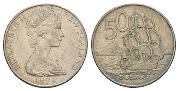 Новая Зеландия 50 центов 1979 Елизавета II (1952-2022), парусник Индевор KM 37 медно-никель 4645-621