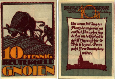 ГНОЙЕН 10 ПФЕННИГОВ 1922 НОТГЕЛЬД, 1922 - 15 ФЕВРАЛЯ 1922, ЗЕМЛЯ МЕКЛЕНБУРГ-ПЕРЕДНЯЯ ПОМЕРАНИЯ Grabowski 444.1а бумага 6318-48-1-2