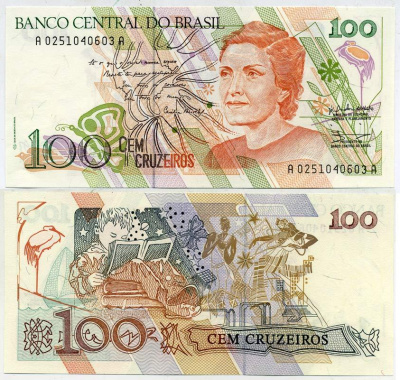 БРАЗИЛИЯ 100 КРУЗЕЙРО 1990 Pick 228 бумага UNC (ПРЕСС) 7204-26-1