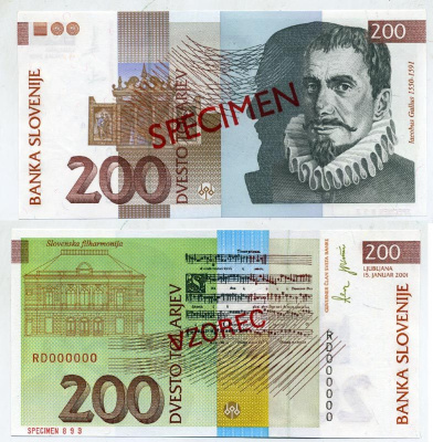 Словения 200 толаров 2001 Якоб Галлус, словенская филармония, Любляна, SPECIMEN, пробник Pick 15 s бумага UNC (пресс) 451-368-3