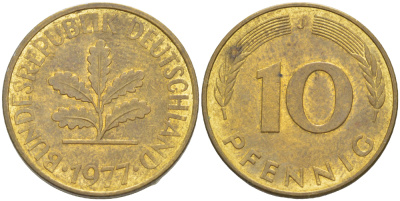 ФРГ 10 ПФЕННИГОВ 1977 J KM 108, J. 383 сталь плакированная латунью 4182-854