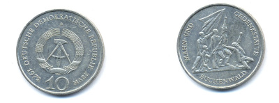 ГДР 10 марок 1972 A, мемориал Бухенвальда KM 38, J. 1539 медно-никель 3333-315