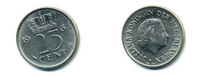 НИДЕРЛАНДЫ 25 ЦЕНТОВ 1964 ЮЛИАНА KM 183 никель 76-511