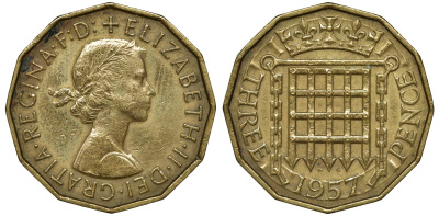 Великобритания 3 пенса 1957 Елизавета II (1952-2022) KM 900, Spink 4153 никель латунь 72-1757